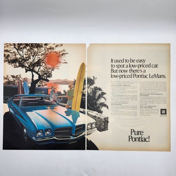 1972 Pontiac LeMans 2-Page Magazine Print Ad GM Car Art Surfboard - Picture 1 of 1